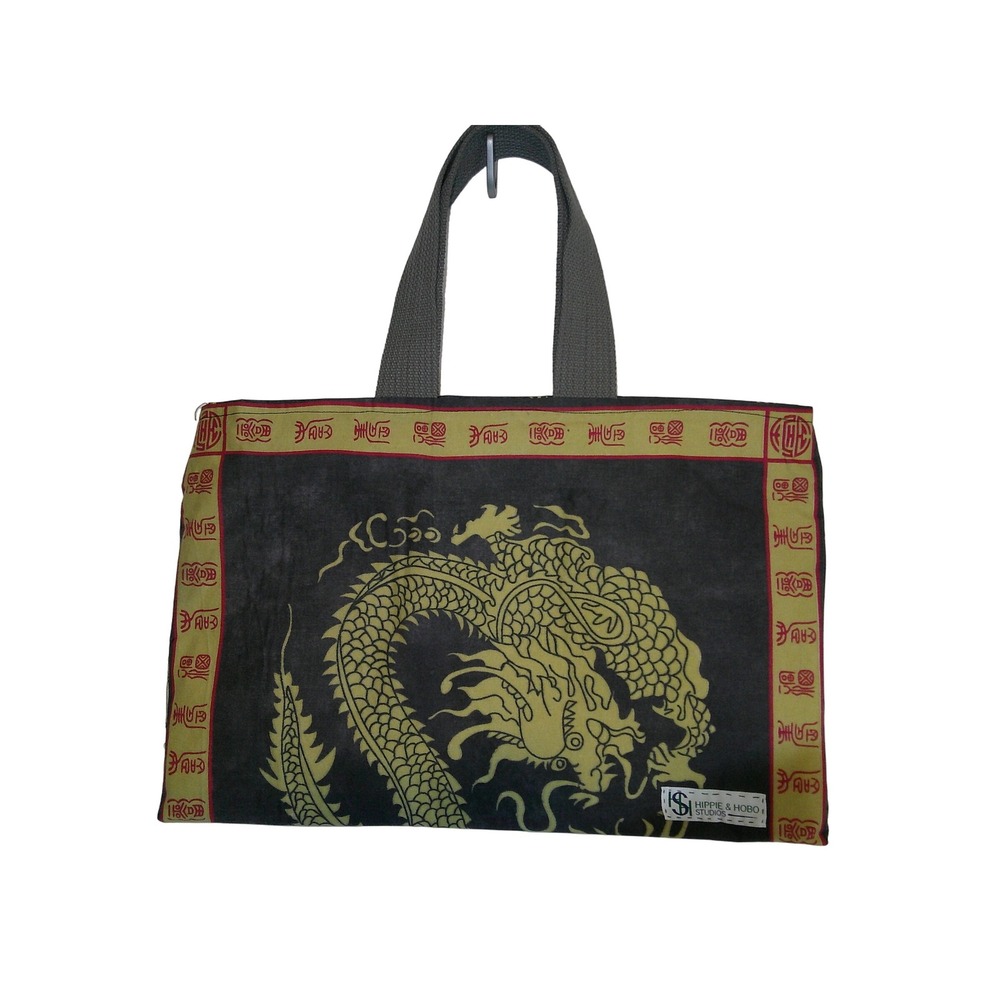 Hippie & Hobo Studios Handmade Black Gold Asian Dragon Kimono Boho‎ Tote Bag